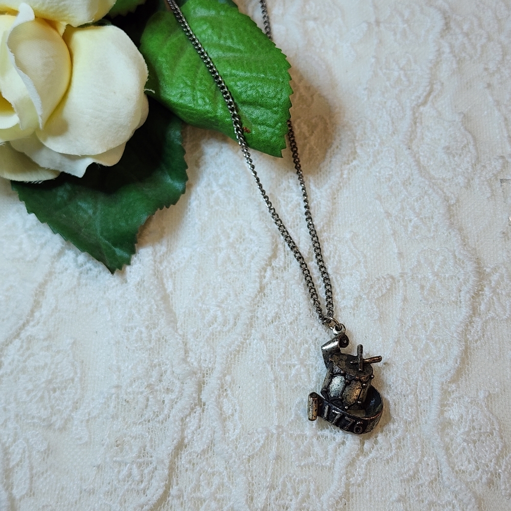 Silver Toned Rustic Pendant Necklace With Drum & Banner 1776